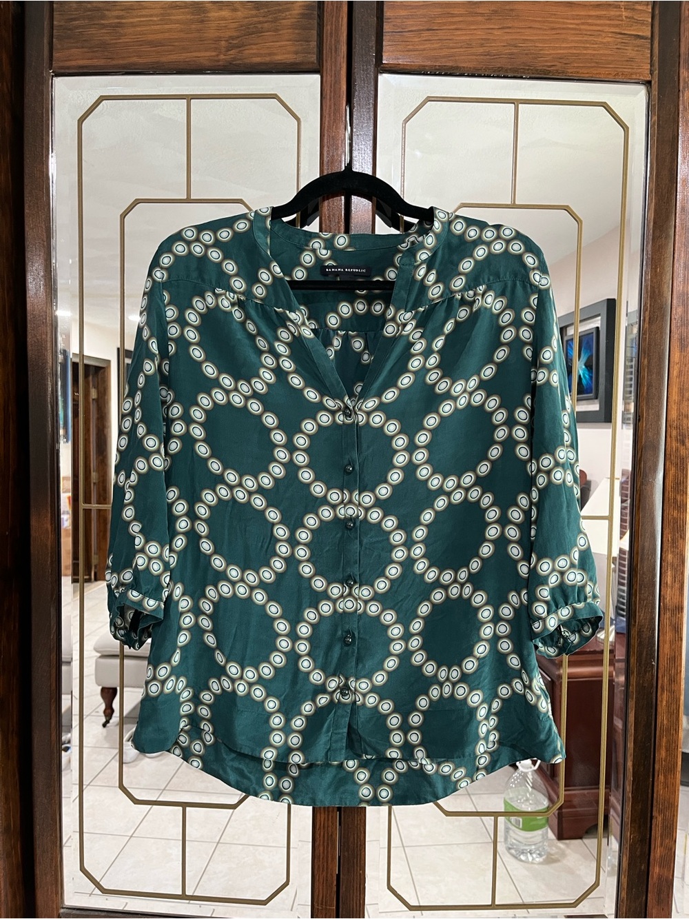 Banana Republic Green Brown Circular-Print Button Down Blouse